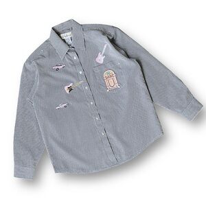 Vintage Grey Pinstripe Button-Up Shirt with Pink Elvis Inspired Patch Details